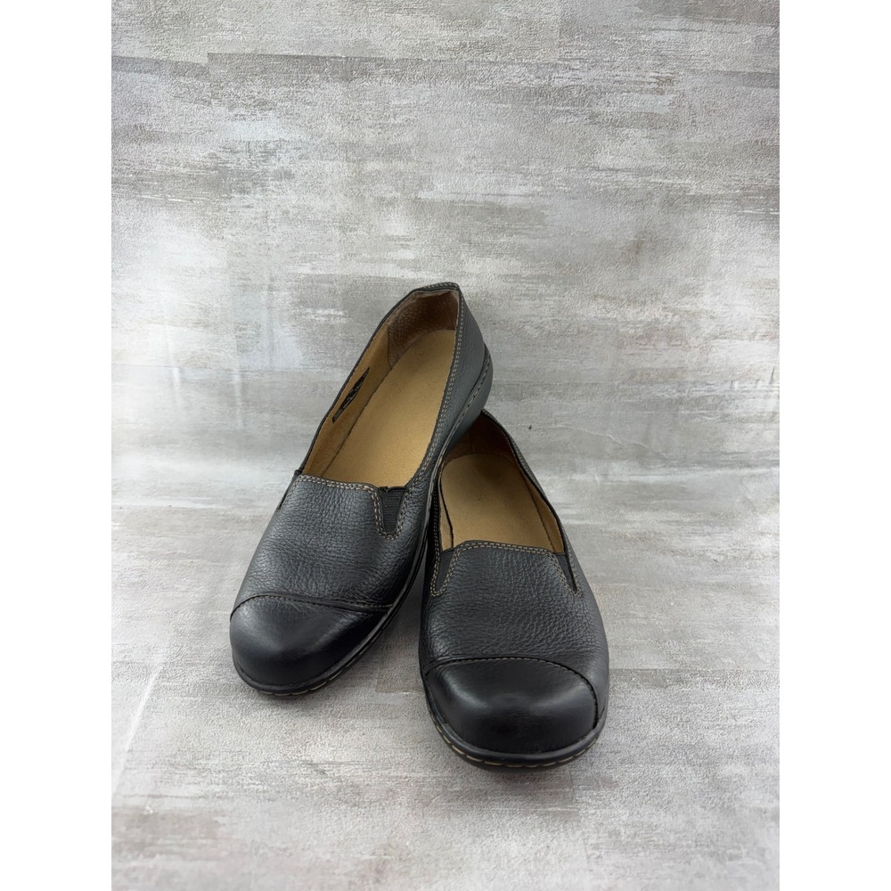 Clarks Women Black Leather Slip On Loafers Cap Toe Flats 83497 Size 7M